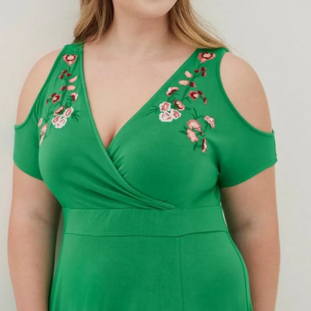 Torrid Sz 5 Super Soft Embroidered Cold Shoulder Surplice Maxi Dress - Picture 2 of 5